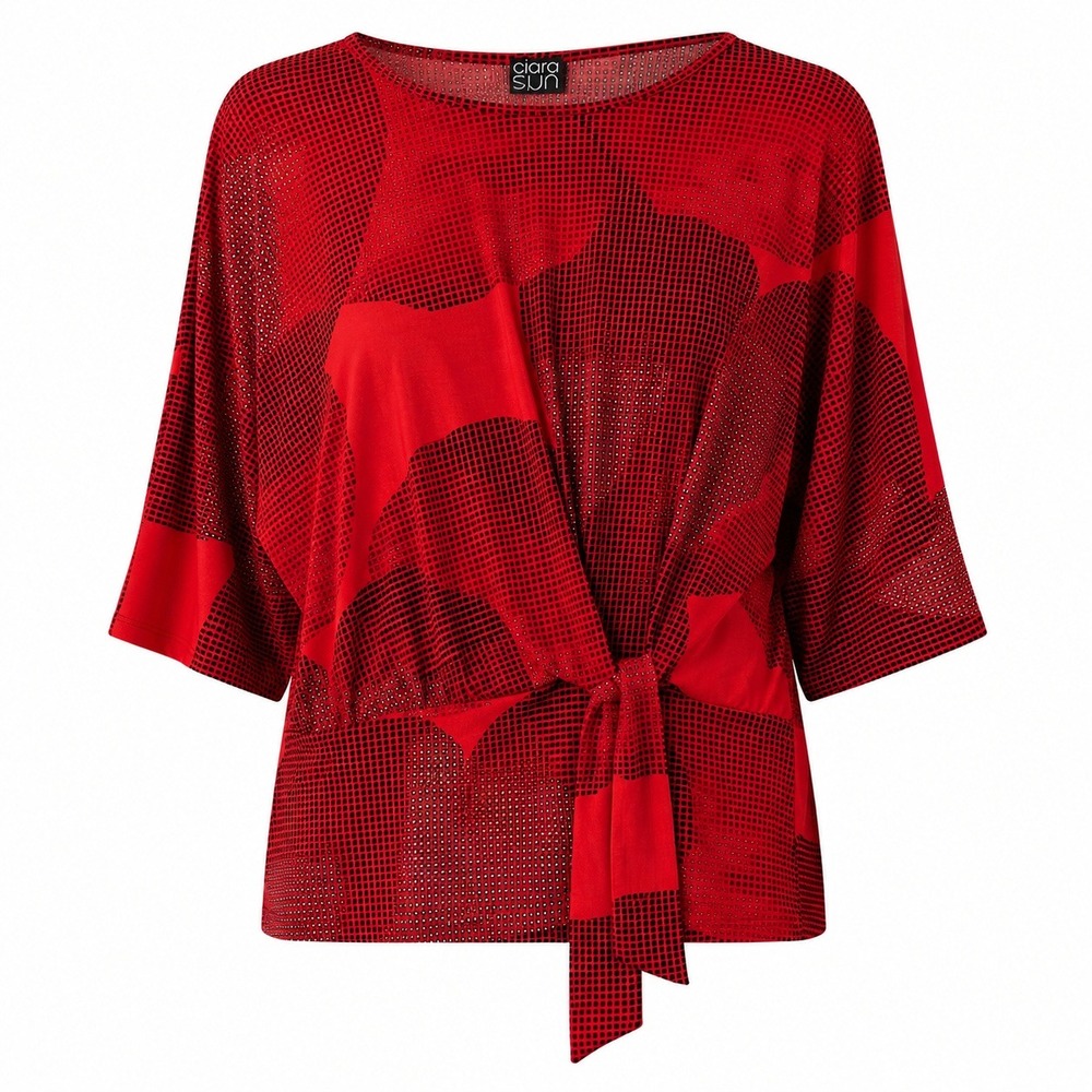 Ciara Sun Woo Red Black Geometric Print Tie Front Blouse Size S No Tuck‎ Top